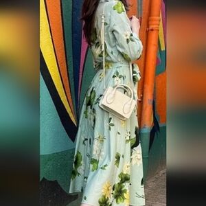 Zara Mint Green Floral Full Botton Down Midi Shirt Dress